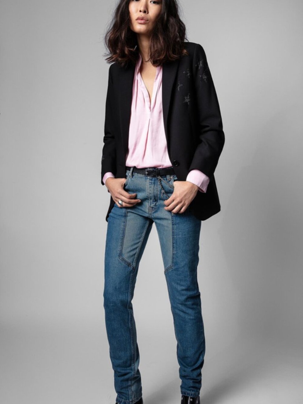 NWT Zadig & Voltaire TINK Light Pink Slit V-Neck Shirred Satin Tunic Blouse - Picture 2 of 7